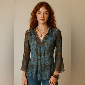 Vintage Y2K‎ Uniform John Paul Richard Beaded Mesh Blouse Fairy Floral Ethereal